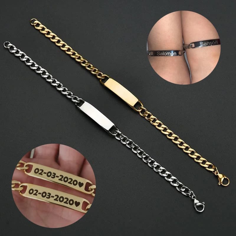 Bracelet Personnalisé avec Nom Gravé, en Acier Inoxydable, Bijoux à la Mode, Cadeau, pour Homme et Femme