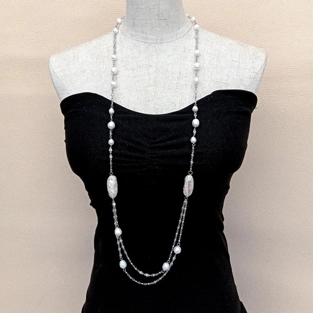 Y · YING-Chapelet en perles de culture blanches Biwa, Cz Pave JONecklace Long, Bijoux fantaisie, 40"