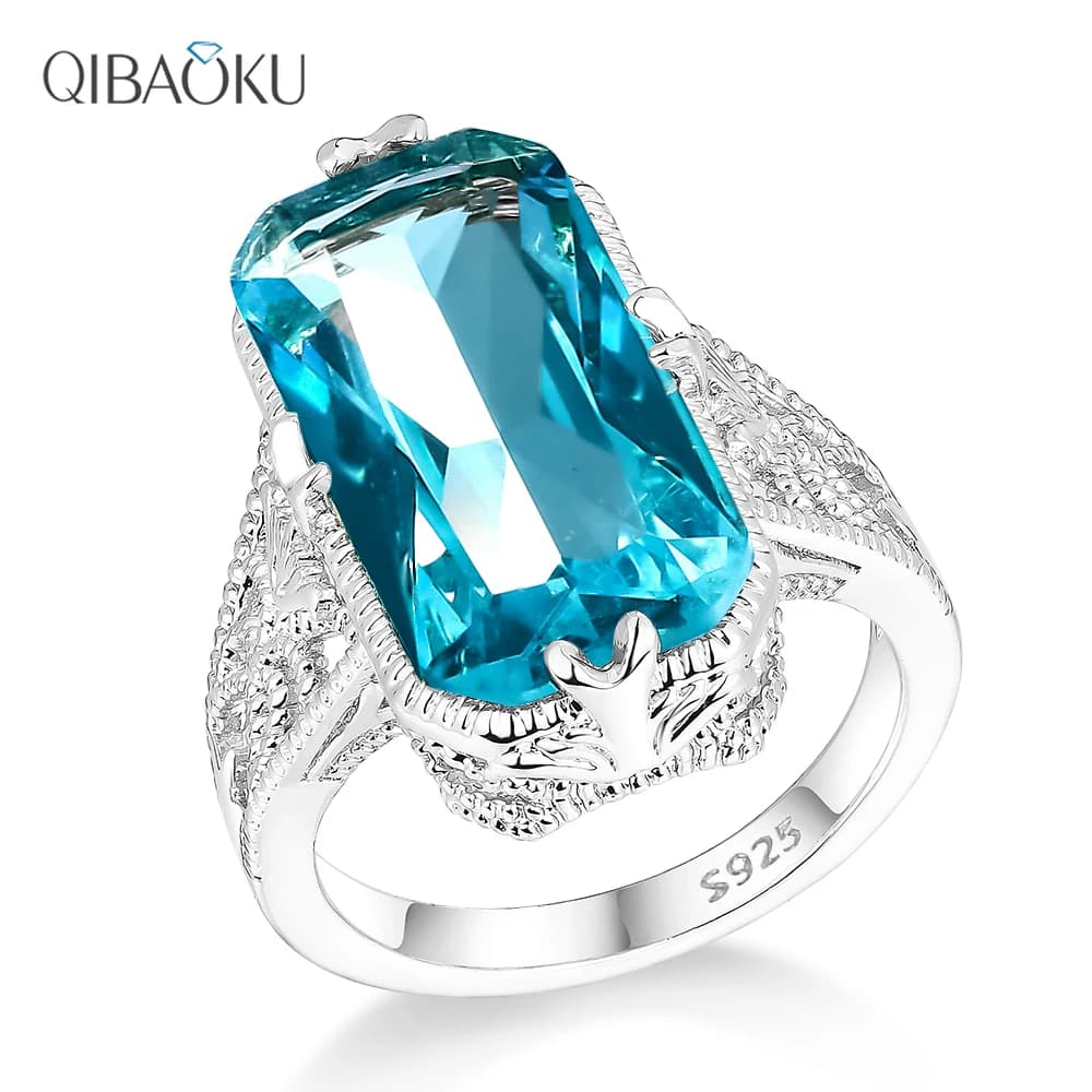 Bagues en argent plaqué zircon aigue-marine ajourées et sculptées, bijoux en argent exagérés pour femme, bague de fiançailles et de mariage