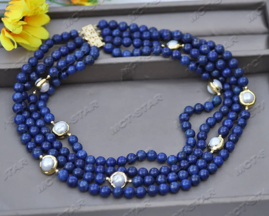 Collier Lapis Lazuli Perle Blanche, 4 Nucleo20 ", 14mm, Z11667