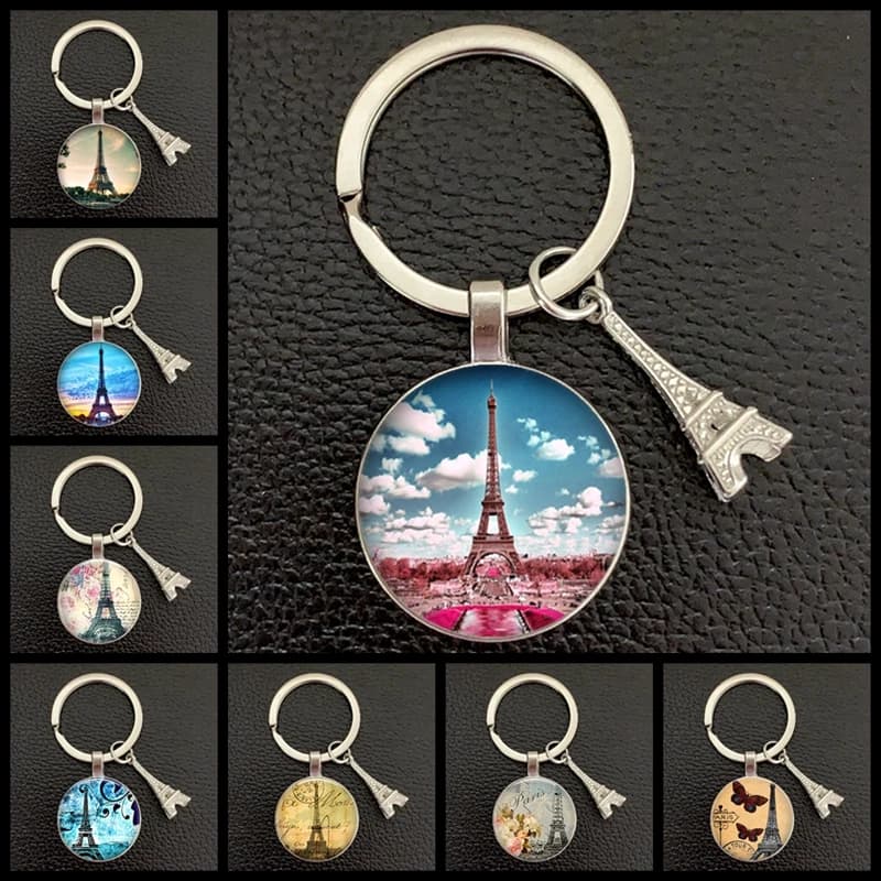 Porte-clés romantique tour Eiffel pour femme, pendentif en verre, design de dessin de dame errante, porte-clés mignon, bijoux de sac, Paris, EquiArt