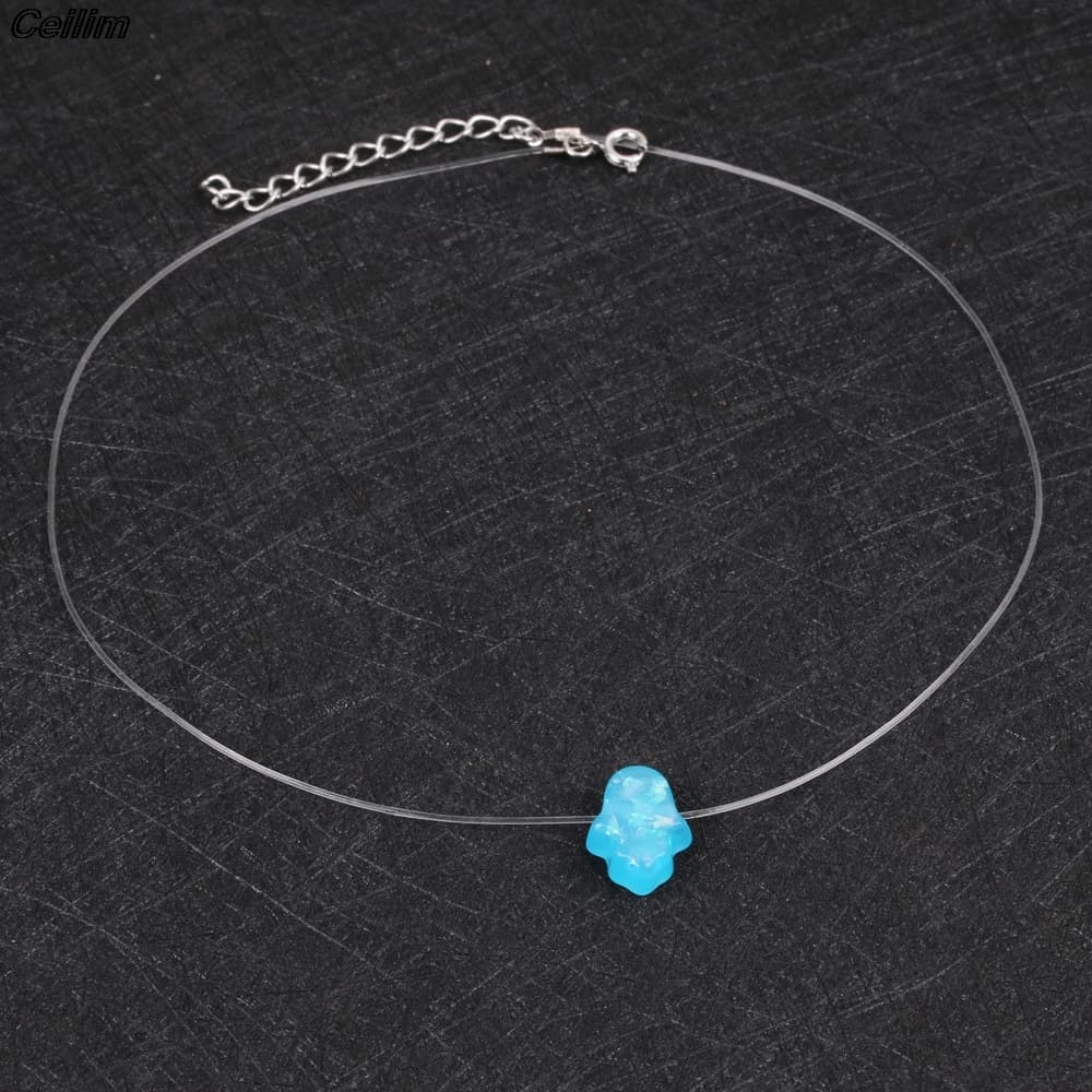 Collier avec pendentif main de Fatima pour femme, opale Hamsa bleue et blanche, ligne de poisson transparente, tour de cou, bijoux fantaisie