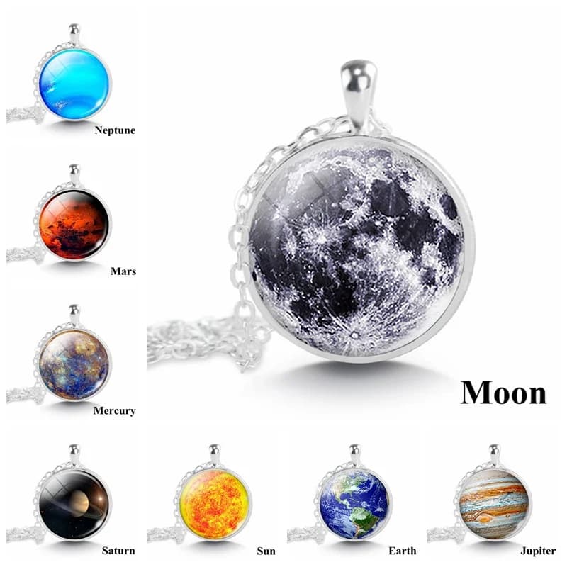 Collier pendentif planète système solaire, cabochon en verre de pleine lune, tiques, nébuleuse, bijoux de l'espace