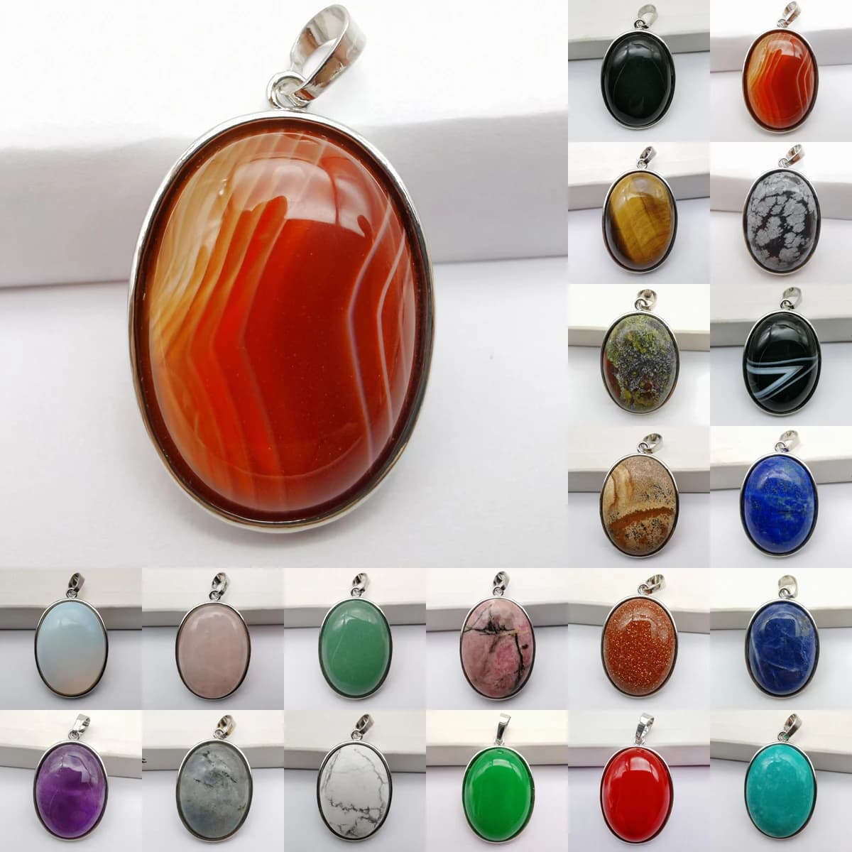 Pendentif ovale en pierres précieuses : Rhodonite, Œil de tigre, Cristal, Opale, Obsidienne, Labradorite, Sodalite, Lapis Lazuli, Aventurine verte, GEM Picture, Perles