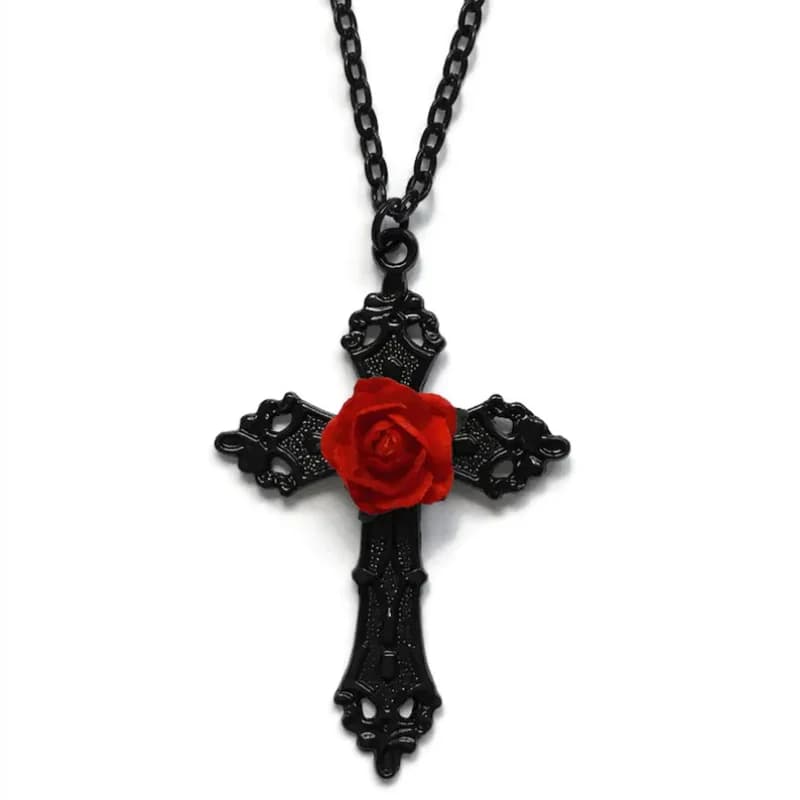 Collier croix noire avec Rose rouge, bijoux gothiques à la mode, pendentif croix, cadeau romantique de saint-valentin, cadeau victorien pour femmes