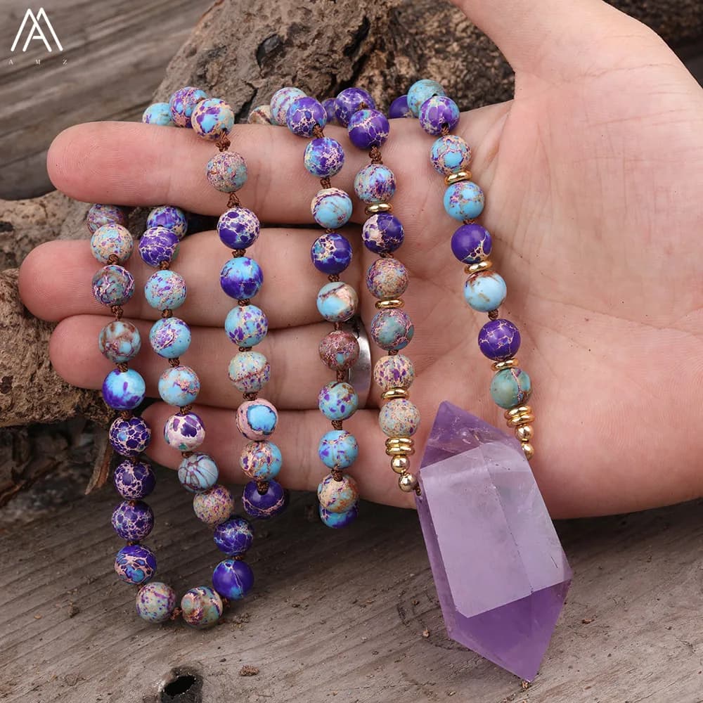 Collier en pierre d'améthyste naturelle, pendentif à double pointe, perles de jaspes de sédiments marins, collier noué fait main, bijoux de yoga, cadeau bohème