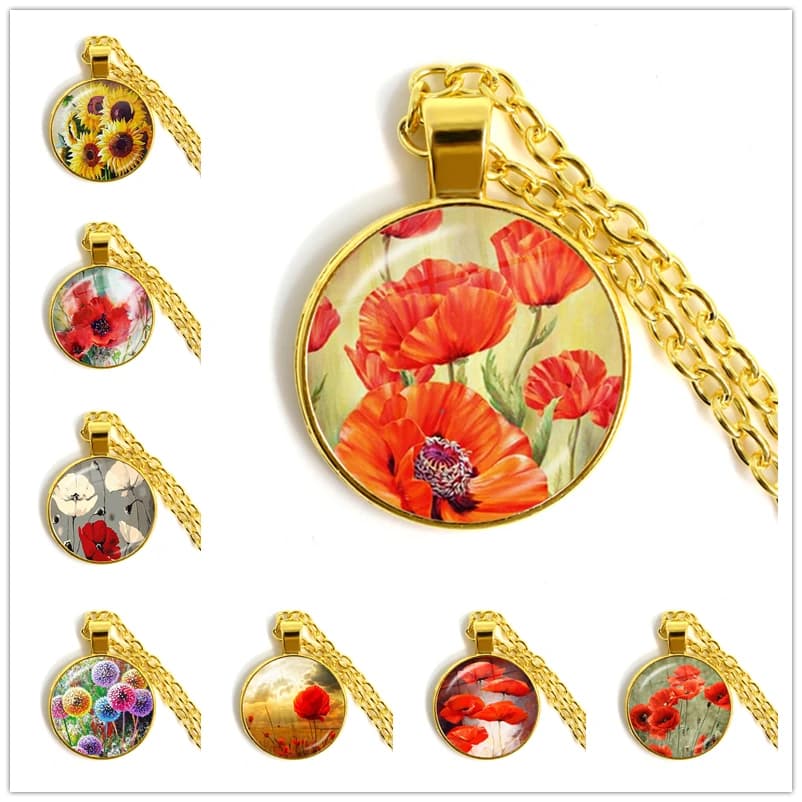 Colliers à motif de fleurs de pavot, couleur or, pendentif Cabochon en verre, bijoux de Style Simple, cadeau de charme