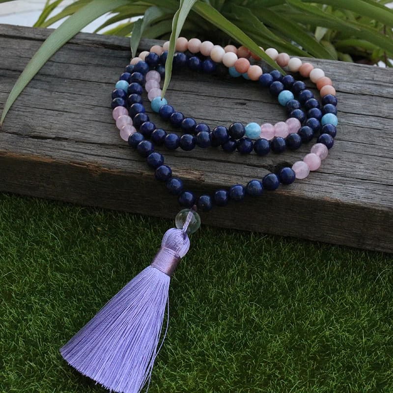 Collier de perles Mala Lapis Lazuli et Aventurine rose de 8 mm, Love JapaMala, Mala de 108 perles, bijoux Mala, bijoux de prière de classe de yoga