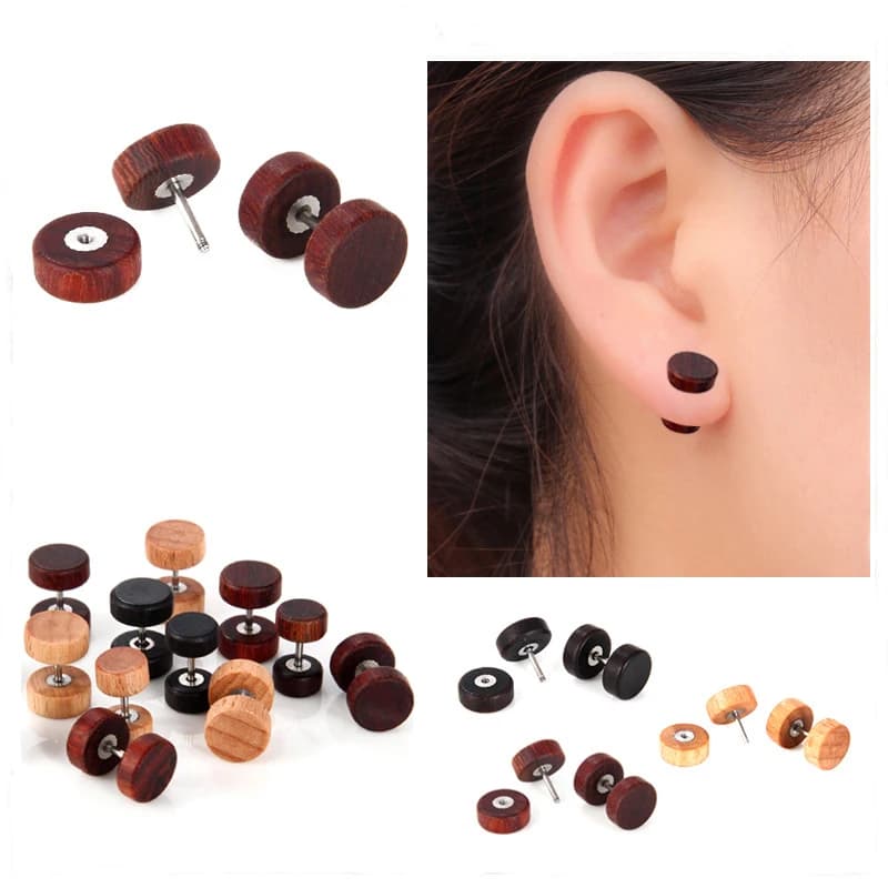 Alisouy 1 paire de faux bijoux de corps en bois naturel pierces d'oreille bouchons boucles d'oreilles goujons