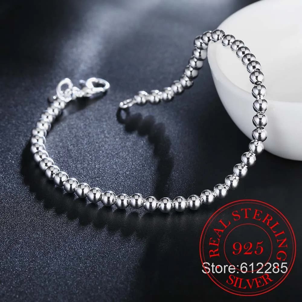 Bracelet en argent regardé 100% véritable pour adolescentes, 925 argent massif, perles de 4mm, 20cm, cadeau pour femme, bijoux fins, mode