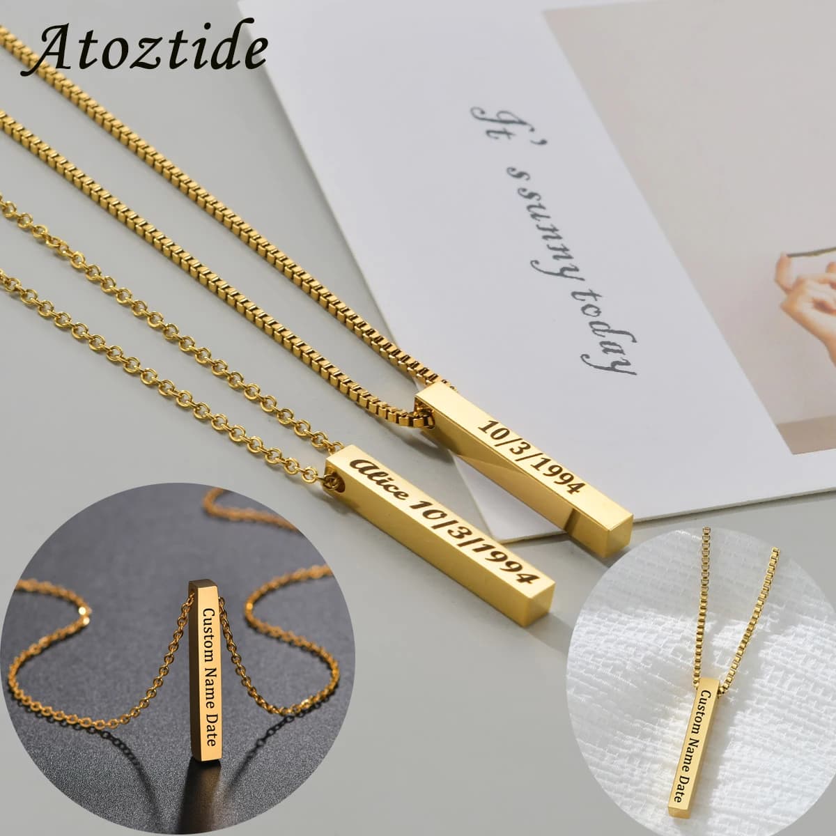 Atoztide personnalisé quatre côtés gravure carré pendentif colliers en acier inoxydable gravé nom Date pour les femmes bijoux cadeau