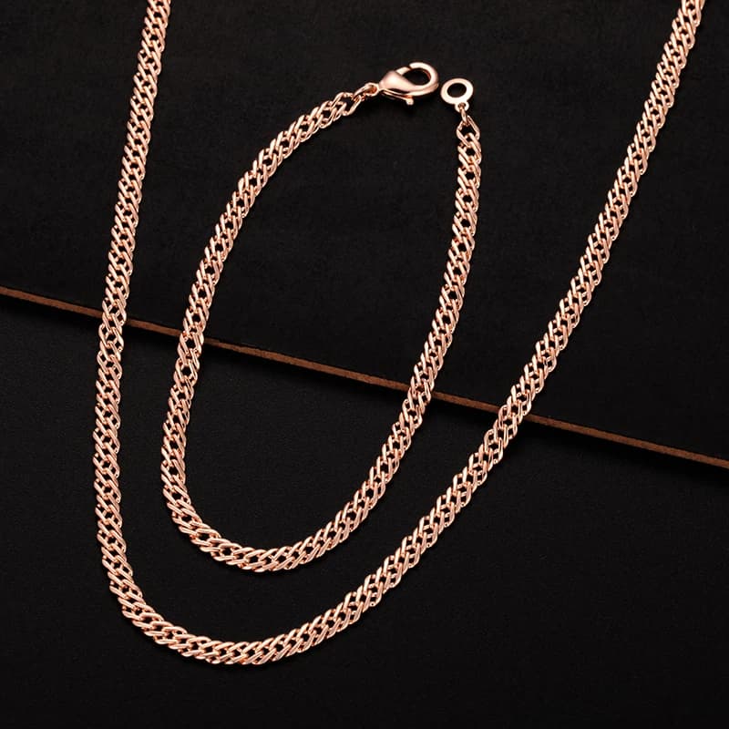 Ensemble de bijoux pour hommes et femmes, 4mm, couleur or Rose véritable, Bracelet lisse, collier, chaînes en Lin