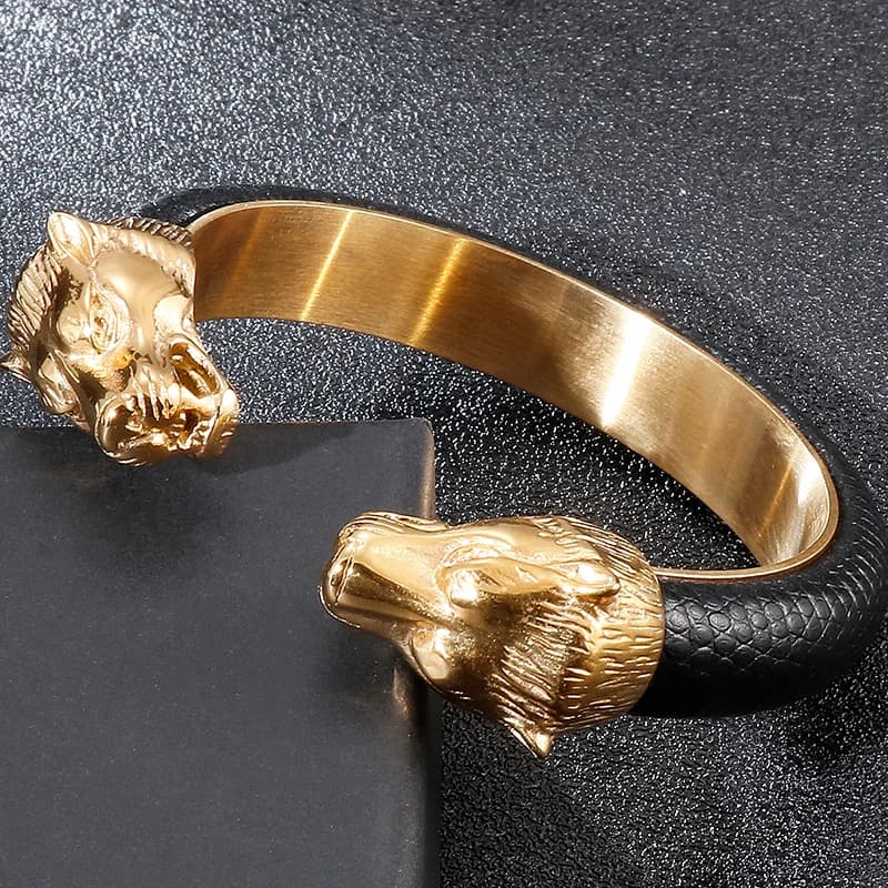 Bracelets ouverts en acier inoxydable couleur or avec tête de lion pour hommes, bracelets en cuir élastiques réglables, accessoires de bijoux pour hommes