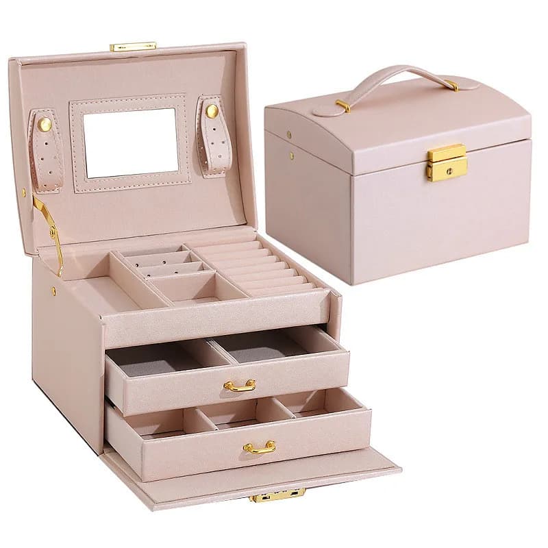 Boîte de Rangement de Bijoux à la Mode, Grande Capacité, Serrure Portable avec Miroir, Boucles d'Oreilles, Collier, Bague, Affichage