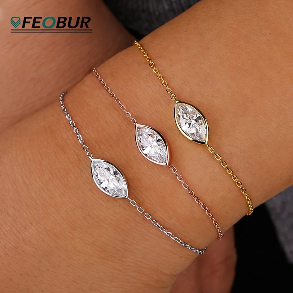 Ensemble de lunette 1-2CT, Bracelet Solitaire Moissanite pour femmes, en argent Sterling 925, diamant taille Marquise, breloque, chaîne à main, bijoux délicats