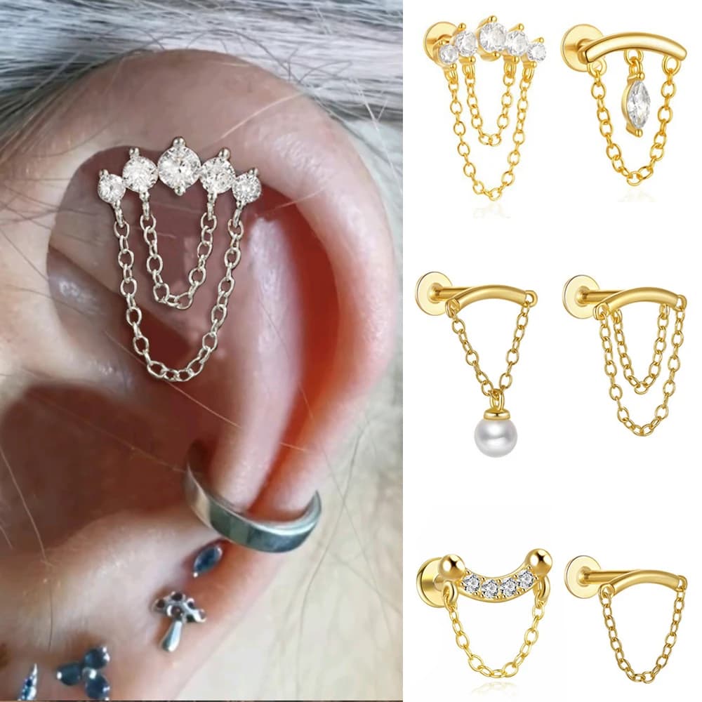 1 pièce Boucle d'oreille piercing hélicoïdal flottante, style INS, avec pendentif couronne goutte d'eau en zircon et chaîne à pampilles, bijou pour cartilage et lobe, cadeaux pour femmes