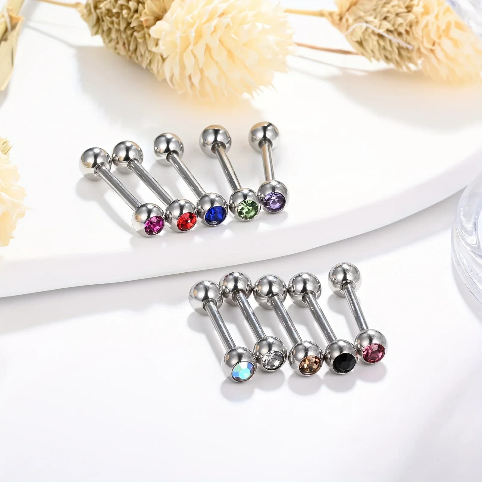 10 pièces de bijoux de piercing pour la langue en métal avec strass 14G
