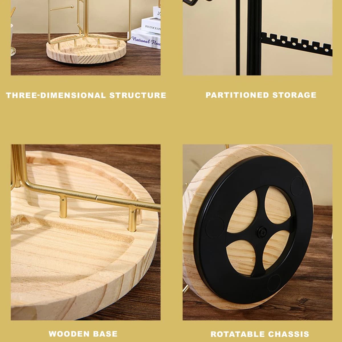 Support organisateur de bijoux en fer, cadre en métal doré et Base en bois, pliable et rotatif, multi-compartiments pour boucles d'oreilles/colliers/Br