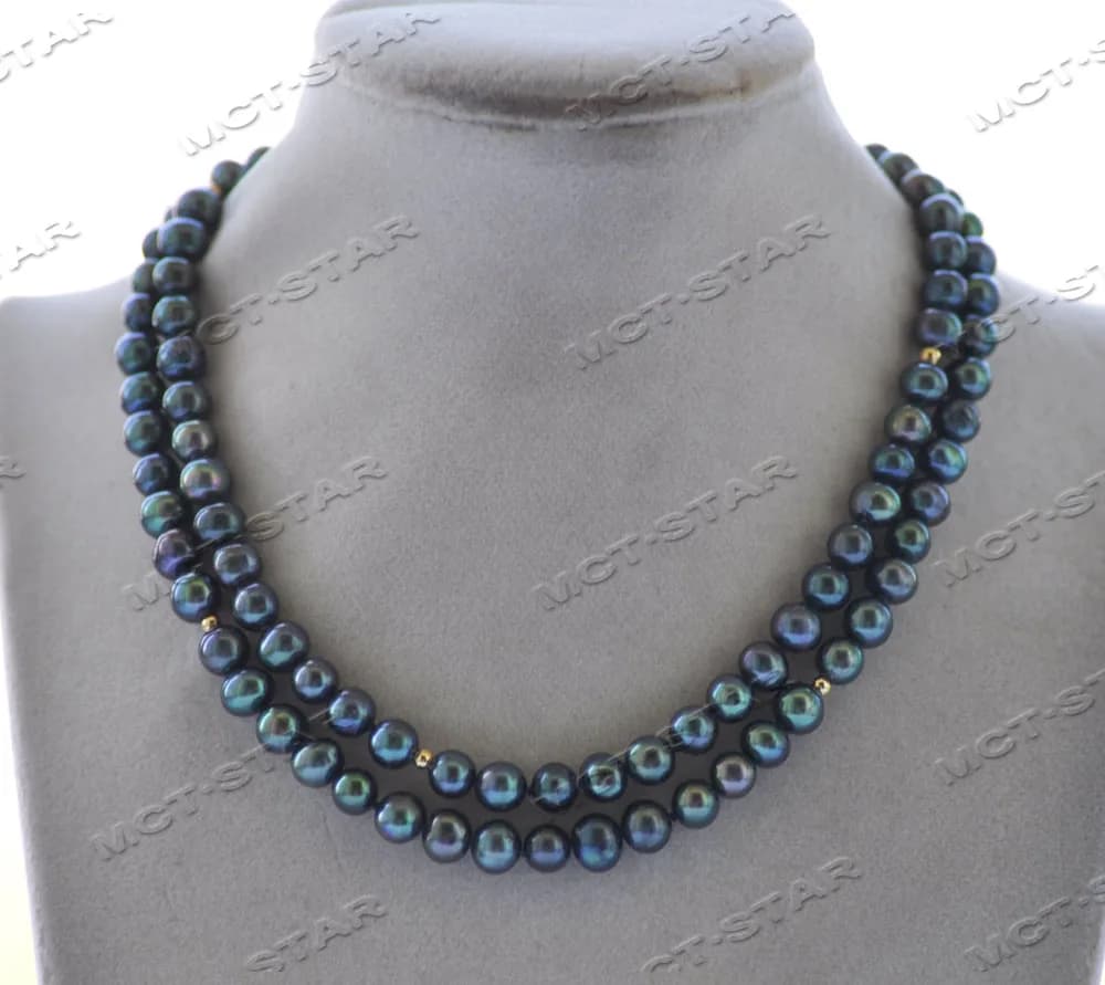 Collier de perles d'eau douce, rond noir paon Z12228 29 ''7mm