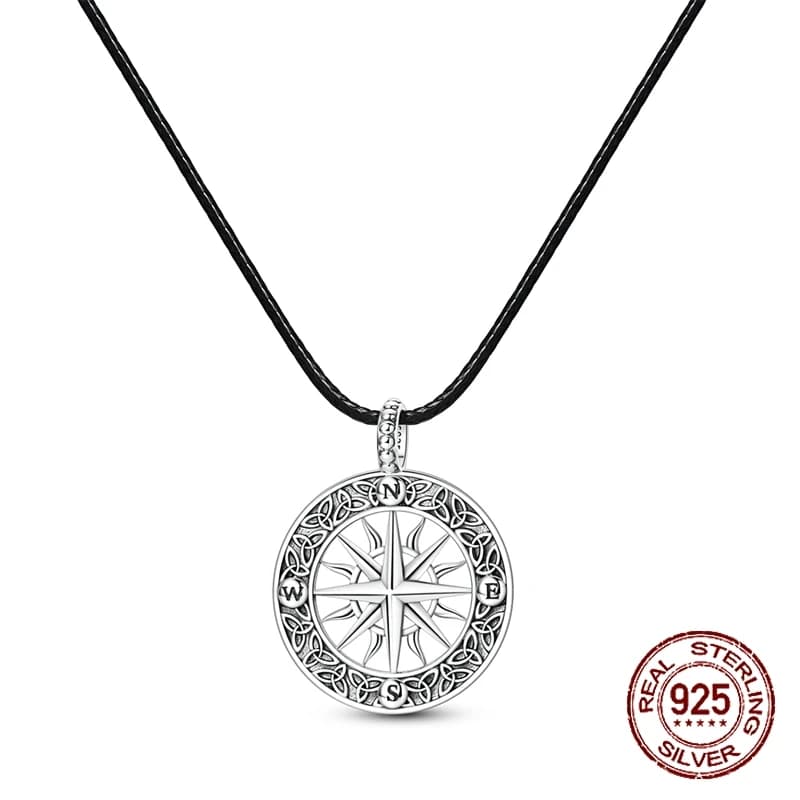 Collier pendentif boussole en argent sterling 925, cordon en cuir, collier vintage, bijoux d'aventure, cadeau pour femmes et hommes