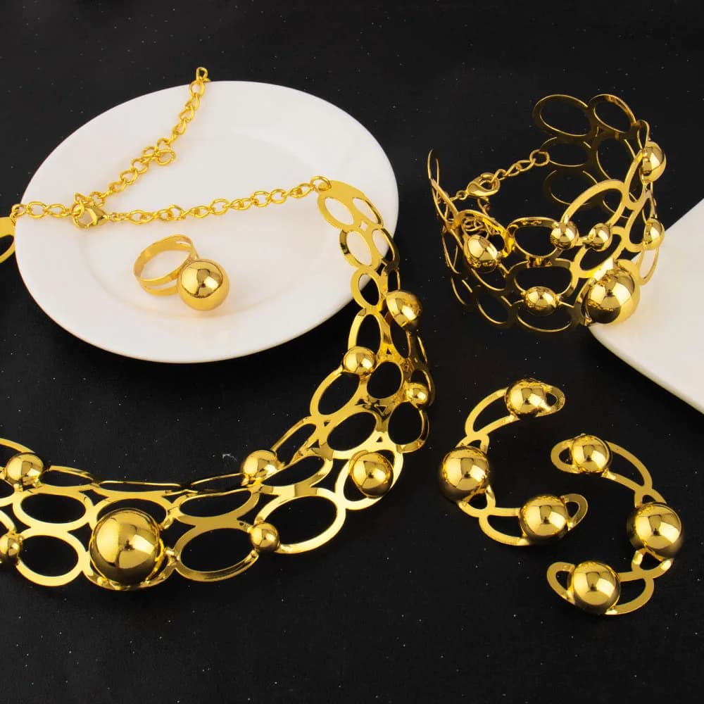 Ensemble de bijoux de mariage, collier, boucles d'oreilles, Bracelet, bague, couleur indienne, élégant, perles dorées ajourées, cadeau de fête