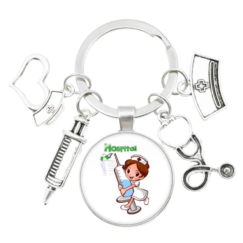 Porte-clé avec Image stéthoscope, 25mm, Cabochon en verre, outils médicaux, pendentif, seringue médicale, bijoux, cadeau