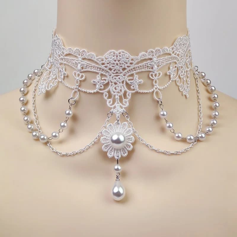 Collier de perles blanches, ras du cou en dentelle de mariée à la mode, collier de mariée, boucles d'oreilles, bijoux, accessoires de robe, bijoux à la mode