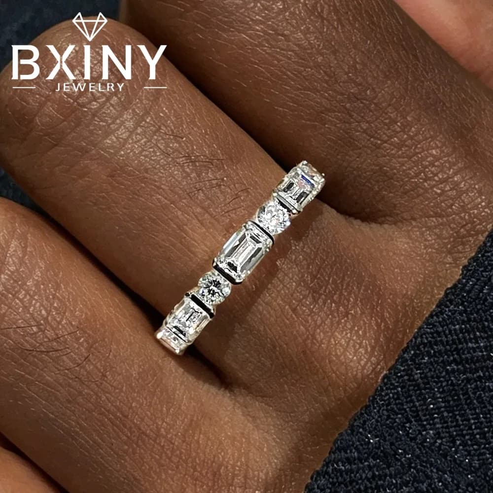 BXINY Bague d'éternité en moissanite émeraude et taille ronde en argent 925 pour femme