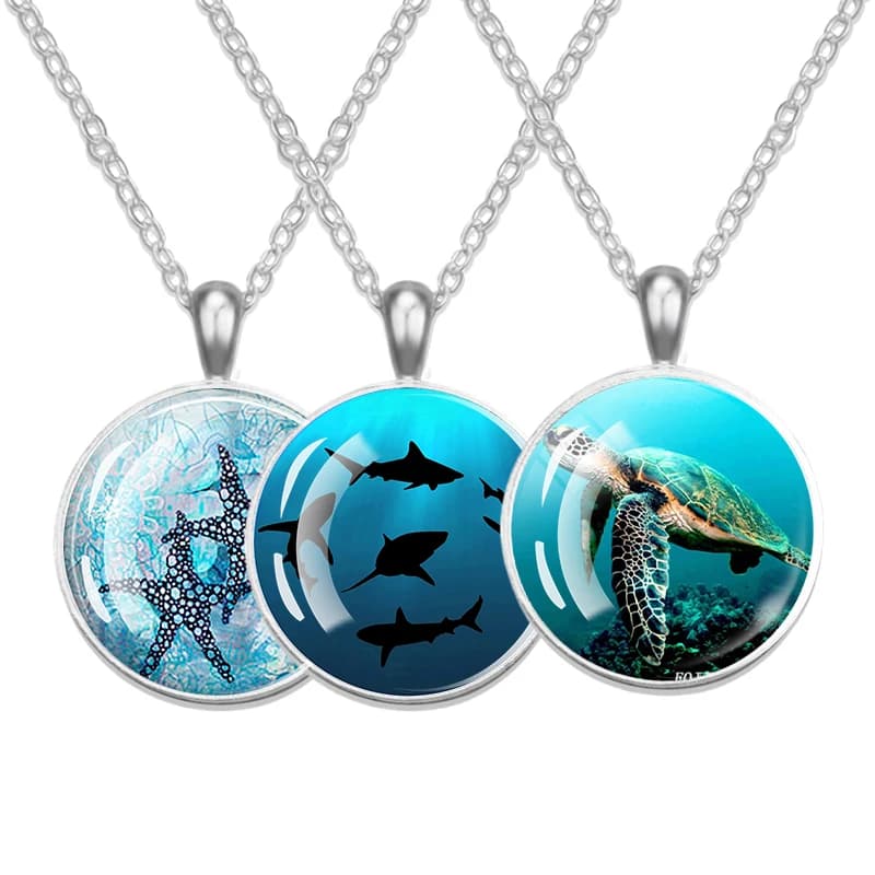 Collier Animal marin tortue de mer étoile de mer dauphin hippocampe conque requin longue chaîne dôme en verre pendentif été plage mode