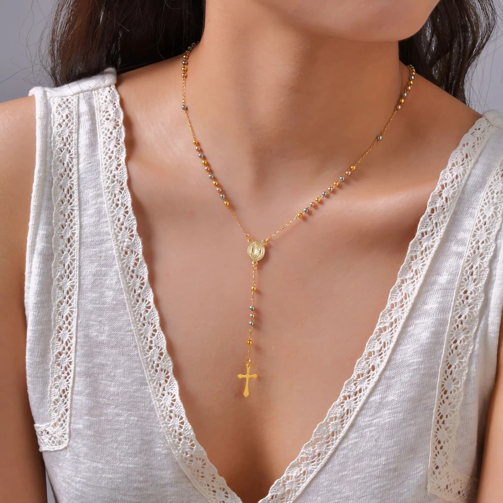 Vnox – collier chapelet Long, accessoires en acier inoxydable, barre ovale de la vierge marie avec pendentif croix, bijoux à la mode