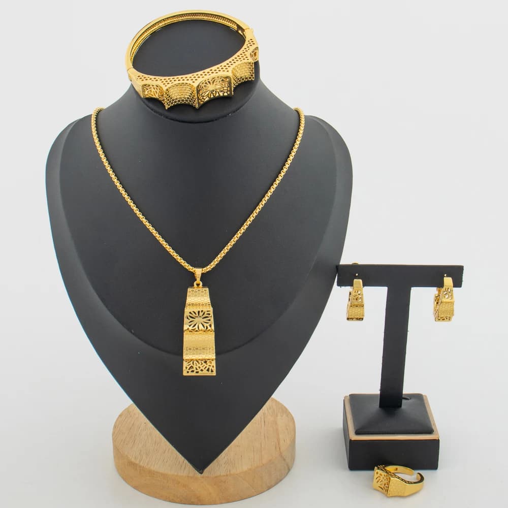 Ensemble de bijoux de documents en or de Dubaï pour la fête, collier pendentif et boucles d'oreilles créoles, bracelet de mariée, ensemble de matiques pour les cadeaux de fiançailles