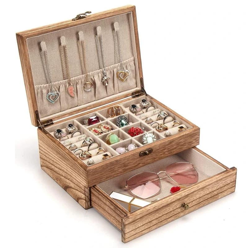 Boîte à bijoux Vintage, conteneurs en bois massif, présentoirs à deux couches pour colliers et boucles d'oreilles avec miroir, accessoires de bijoux