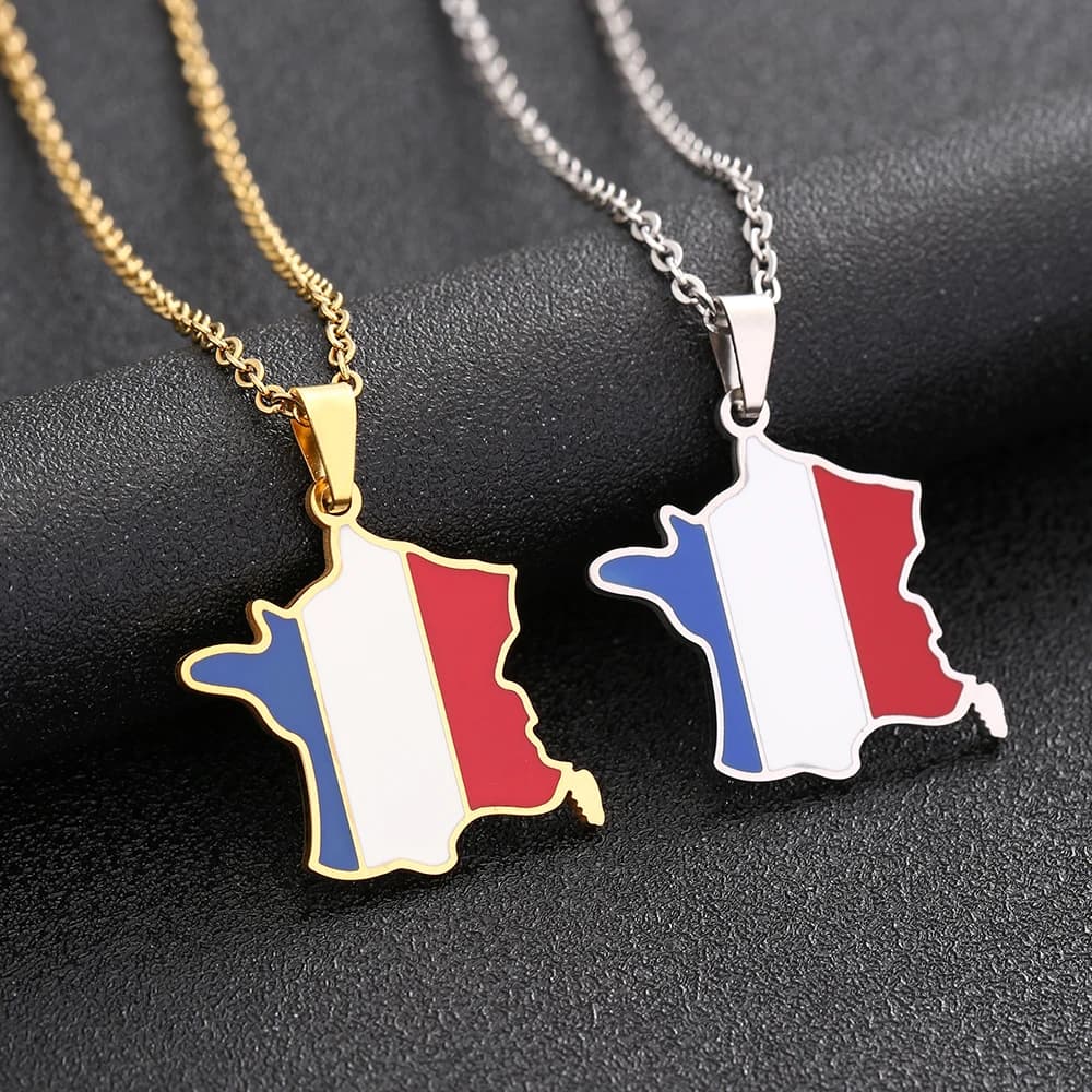 Collier pendentif carte française pour homme et femme, acier inoxydable, sensation de carte, or, argent, document, France, pays, cadeau bijoux