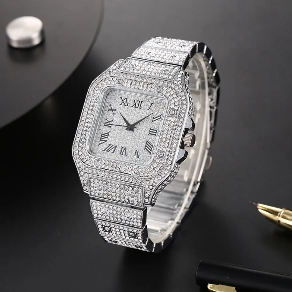 Montres de luxe carrées pour hommes, bracelet en acier, cadran romain, montre à Quartz avec strass, montre-bracelet pour hommes, Relogio Masculino