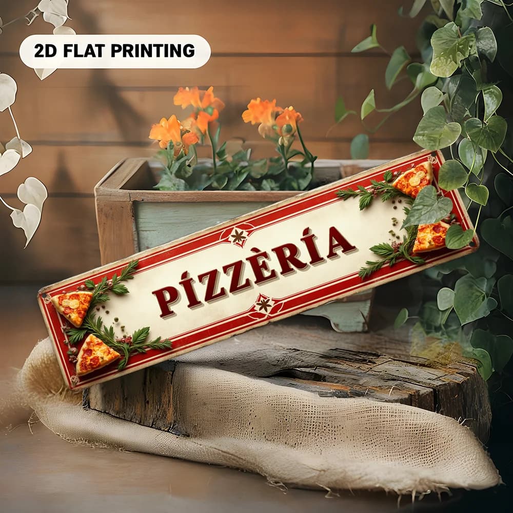 Plaque en métal vintage pour pizzeria, impression 2D, décoration murale, design rétro de tranches de pizza italienne et d'herbes, style pizzeria classique