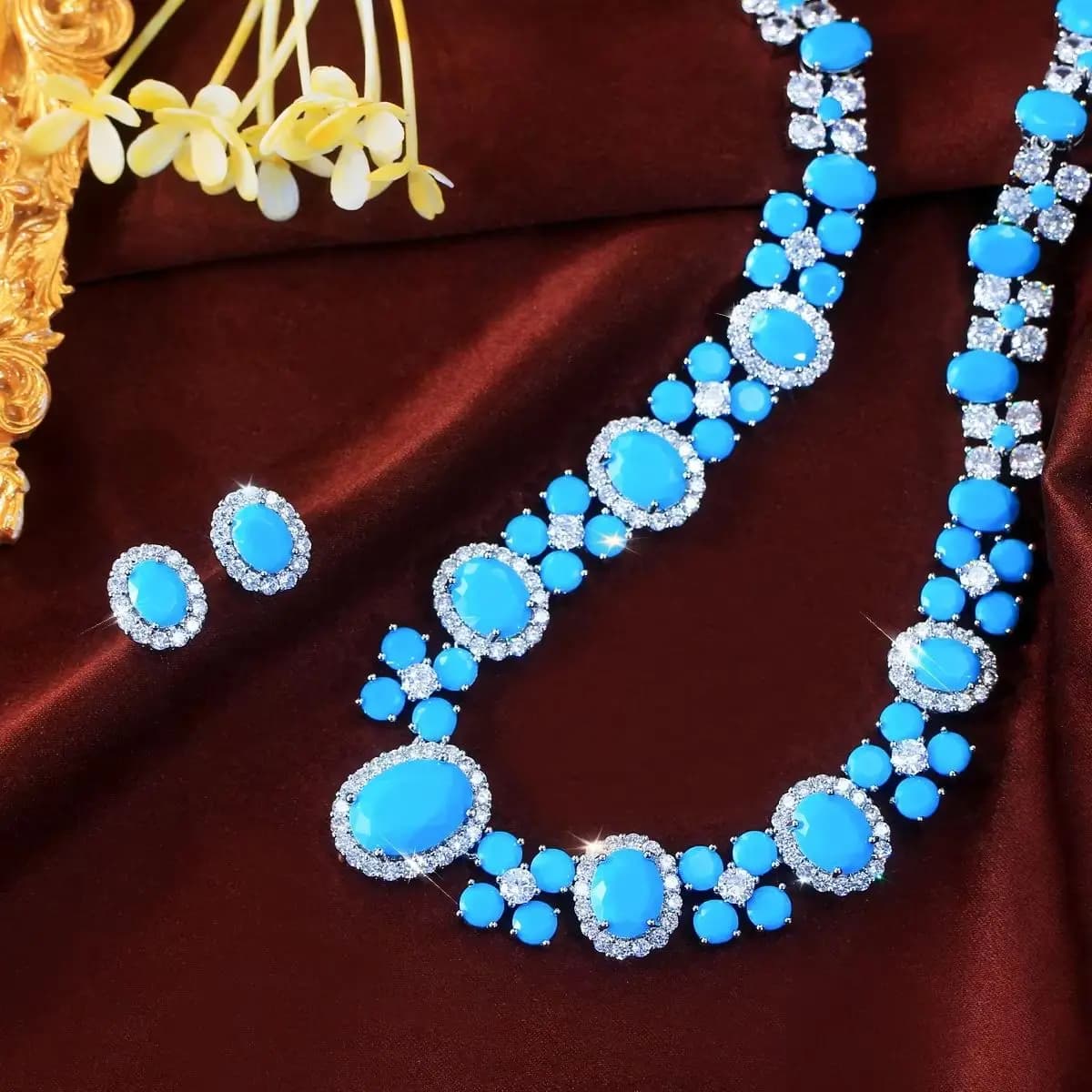 Magnifique collier et boucles d'oreilles de mariée en turquoise ovale bleu clair brillant, ensemble de bijoux de mariage pour les mariées J004