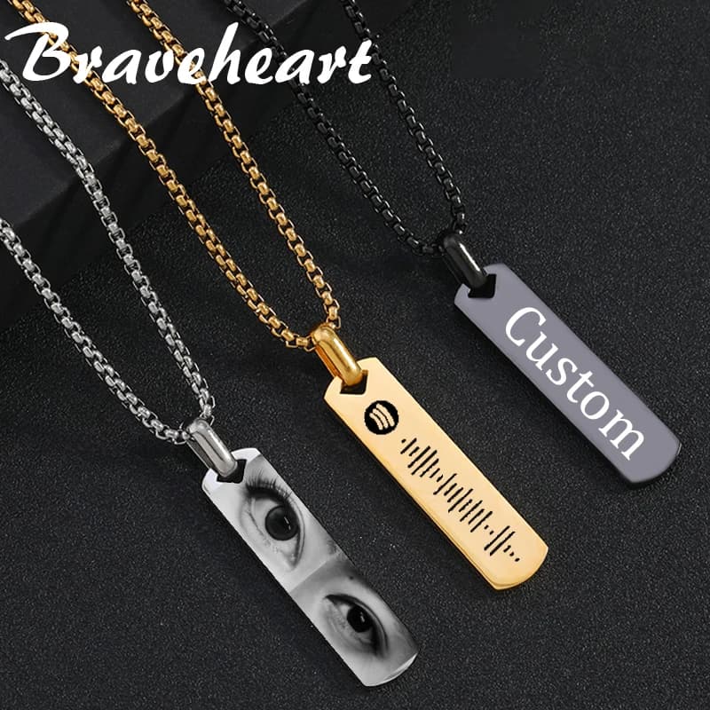 Collier de barre carrée gravé au Laser pour hommes et femmes