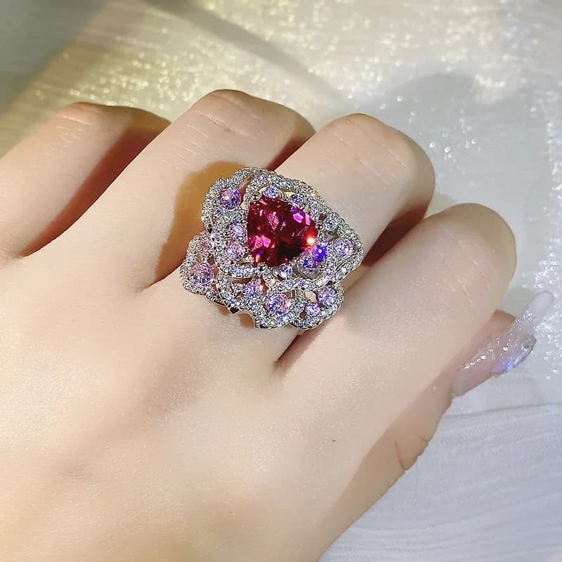 Bague de mariage luxueuse en argent 925, fleur en pierre rouge Rose, rubis exquis, zircone cubique, bijoux pour femmes, cadeau de fête de mariage