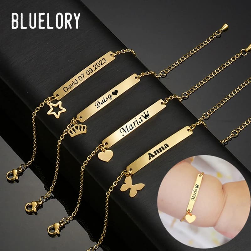 Bracelets personnalisés pour bébé, nouveau-né, barre d'identification, pour fille et garçon, 3 couleurs, en acier inoxydable, enregistrement, cadeau d'anniversaire pour enfants