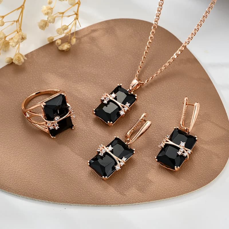 Wbmqda – bagues en pierre carrée noire pour femmes, couleur or Rose 585, haute qualité, accessoires bijoux de fête quotidiens