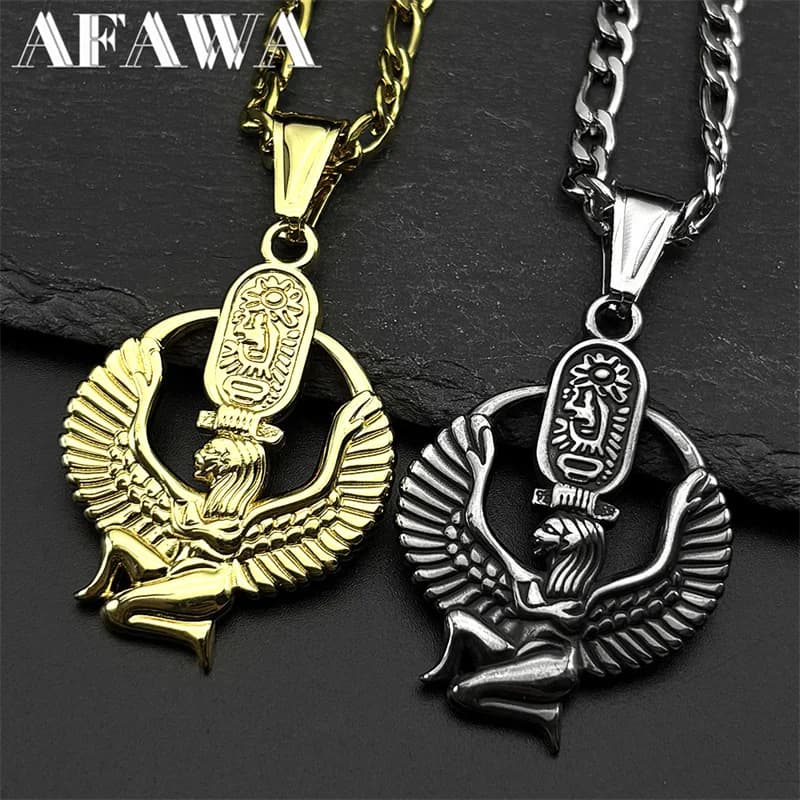 Collier symbole de déesse de la vie égyptien Isis pour femmes et hommes, en acier inoxydable, couleur or, cartouche mystère, amulette, chaîne, bijoux