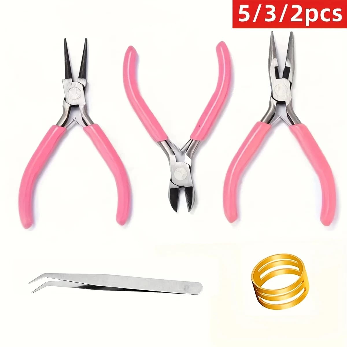 Kit d'outils de pinces à bijoux roses, comprend une coupe-fil rond à aiguille et une pince à nez incurvé pour la réparation de perles de bijoux, 5 pièces/3 pièces/2 pièces