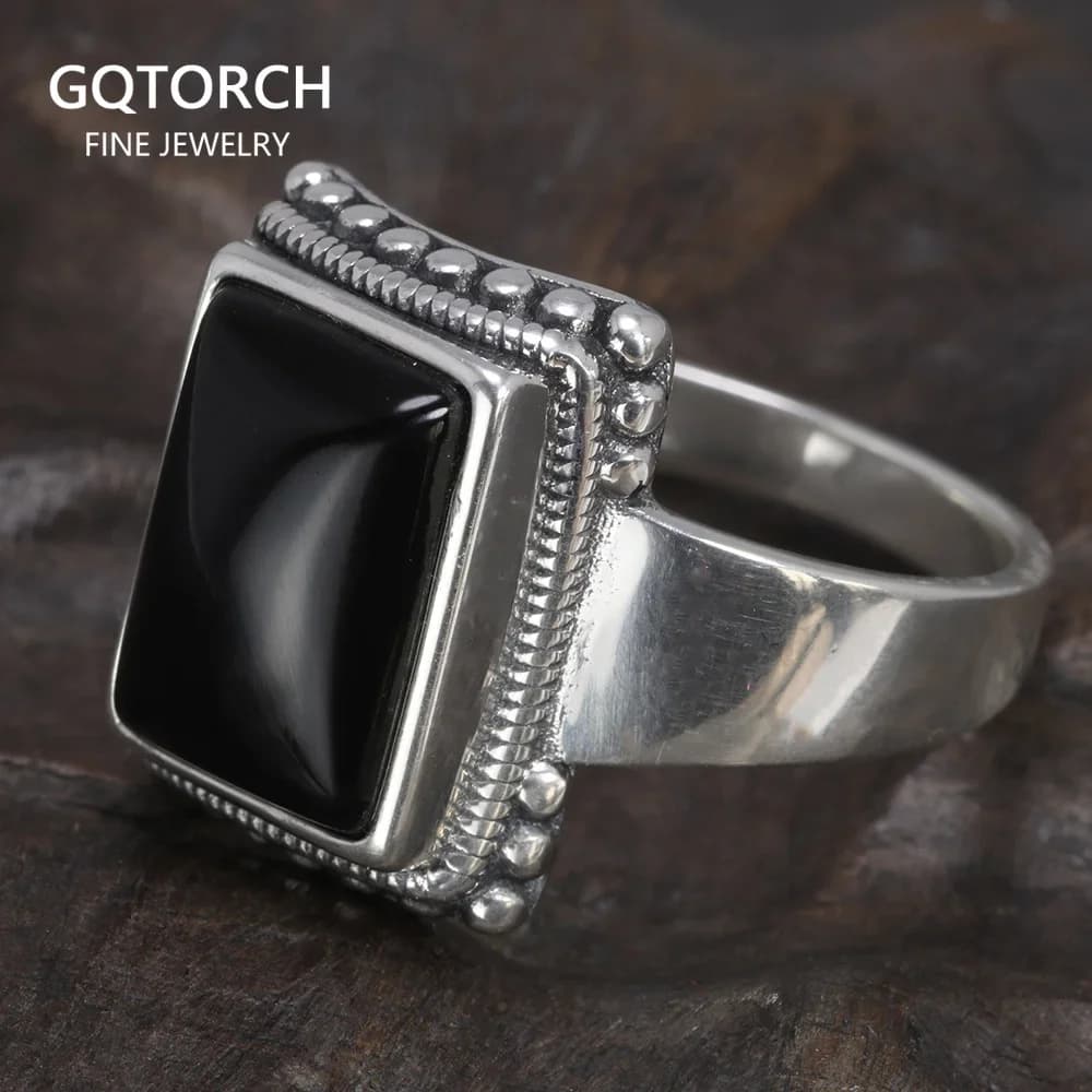 Bagues Lucifer en argent massif 925 avec pierre naturelle d'onyx noir, bague de déclaration faite à la main, bijoux de télévision