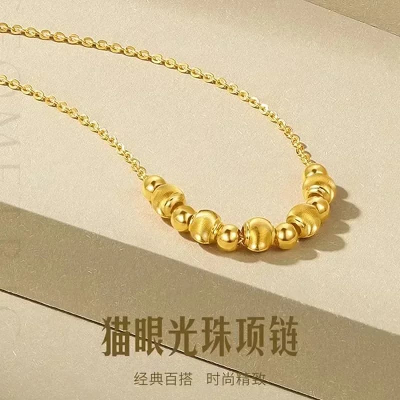 Collier en Or Pur de Haute Qualité avec Perles de Lampe en Œil de Chat 24K, Cadeau Porte-Bonheur pour Petite Amie, AU9999