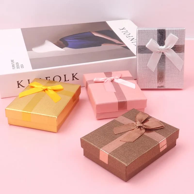 Ensemble de bijoux en carton, 12 pièces, boîte-cadeau avec nœud, bague, collier, Bracelets, boucles d'oreilles, boîtes d'emballage cadeau avec éponge rectangulaire à l'intérieur
