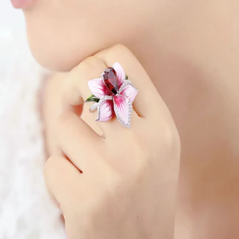 Buyee 925 bague de luxe en argent Sterling Excellent émail rose fleur bague pour femme mode mariage bijoux fins Cricle