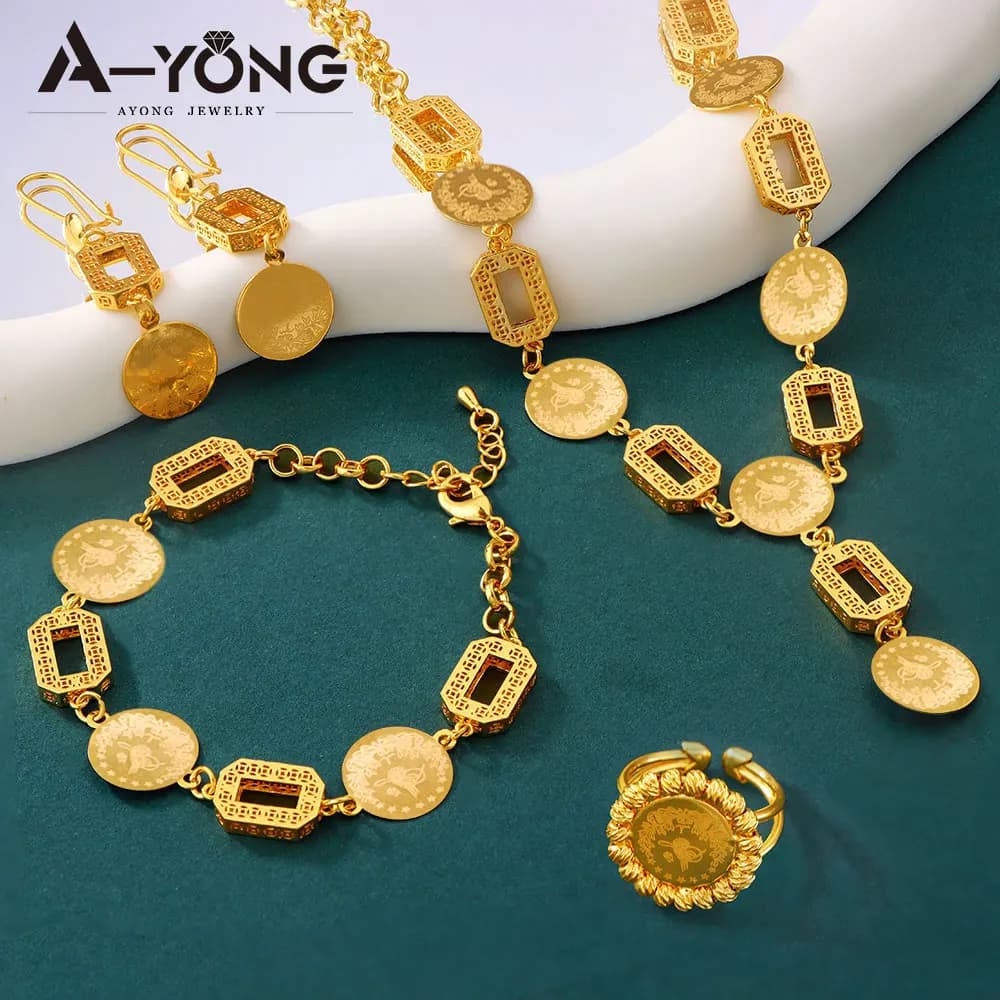Ensemble de bijoux de pièces de monnaie vintage turques plaquées or 21 carats