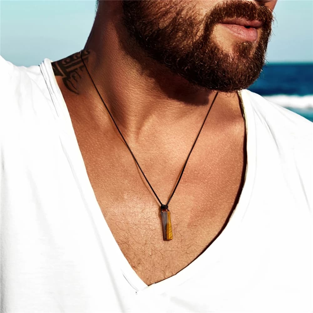 Collier pendentif rectangulaire en obsidienne pour hommes, Vintage, œil de tigre naturel, Labradorite, corde en cuir tressée, bijoux de guérison
