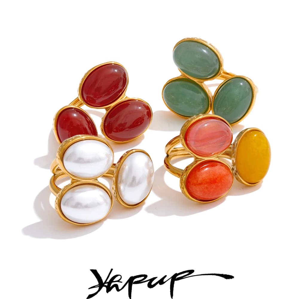 Yhpup naturel Aventurine Agate pierre coquille perle fleur anneau réglable mode acier inoxydable charme doigt bijoux accessoires