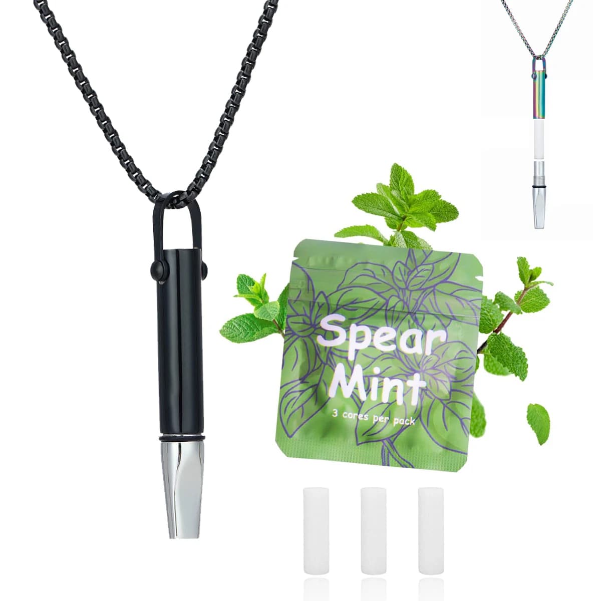 Collier respiratoire pour arrêter de fumer et de vaper avec dosettes de menthe rechargeables, aide pour arrêter de fumer pour soulager l'anxiété, inhalateur sans fumée